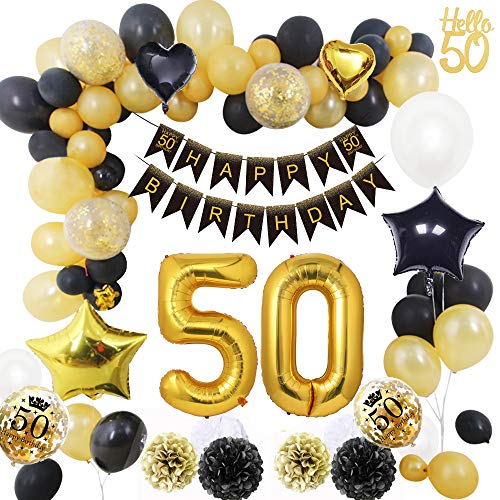 MMTX 50 Globos Cumpleaños Decoracione Oro Negro, Happy Birthday cumpleaños, Pompones de Papel, Globos de Papel de Oro para Hombres y Mujeres Adultos Decoración de Fiesta