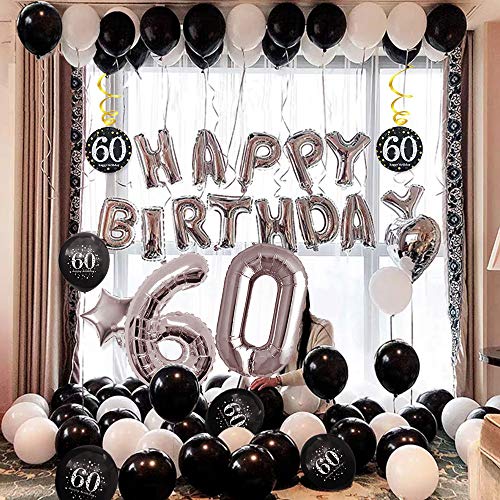 MMTX 60 Decoración Fiesta cumpleaños, Feliz cumpleaños Decoracion Globos Negro Plateado con Happy Birthday Banner, impresión látex Globos de Papel de corazón de Estrella para Niño Hombres Niña Mujer