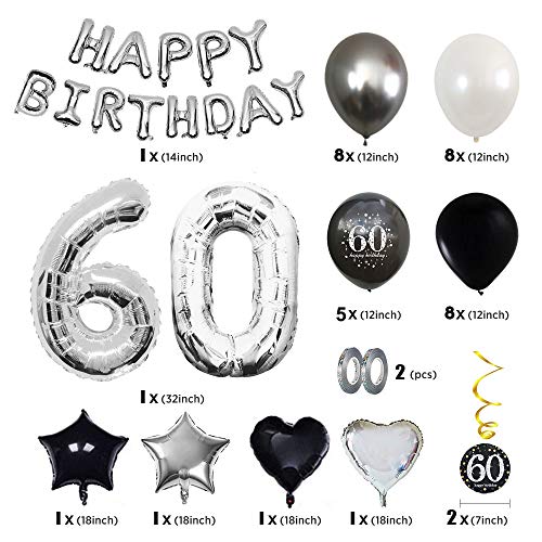 MMTX 60 Decoración Fiesta cumpleaños, Feliz cumpleaños Decoracion Globos Negro Plateado con Happy Birthday Banner, impresión látex Globos de Papel de corazón de Estrella para Niño Hombres Niña Mujer