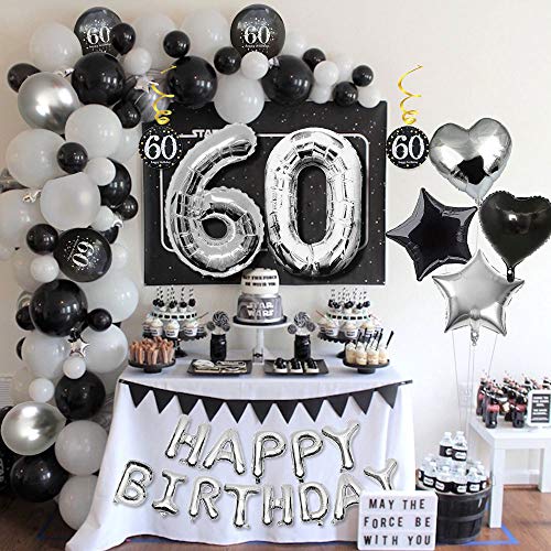 MMTX 60 Decoración Fiesta cumpleaños, Feliz cumpleaños Decoracion Globos Negro Plateado con Happy Birthday Banner, impresión látex Globos de Papel de corazón de Estrella para Niño Hombres Niña Mujer