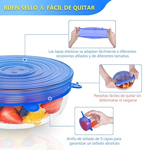 Modohe Tapas de Silicona Elásticas, 14 Tapas Silicona Ajustables Cocina, Reutilizable Fundas Protectoras para Alimentos Tapa Tazas, Boles o Tarros,Tapa del tazón, Lavavajillas, Microonda, Sin BPA