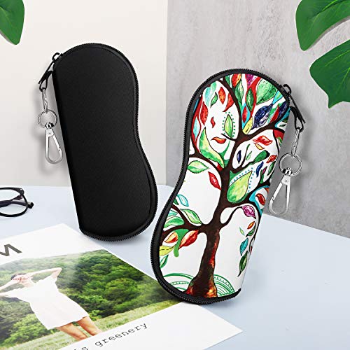 MoKo Funda de Gafas - 2 PZS [Ultra Ligero] Neopreno con Cremallera Almacenaje Lente Suave Sunglasses Case con Clip de Cinturón para Gafas, Bolsa de Llaves, Lápices, Tarjetas - Árbol de Suerte + Negro