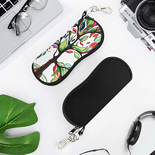 MoKo Funda de Gafas - 2 PZS [Ultra Ligero] Neopreno con Cremallera Almacenaje Lente Suave Sunglasses Case con Clip de Cinturón para Gafas, Bolsa de Llaves, Lápices, Tarjetas - Árbol de Suerte + Negro