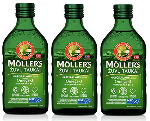 Moller Omega 3 Aceite de Hígado Suplemento dietético nórdico con EPA, DHA, Vitamina A, D, E Premio Superior del Gusto Alta pureza Sabor a Natural de marca de 165 años 250 ml x 3 botellas