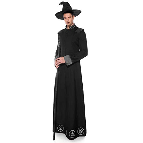 Mono de Bruja de Hombre Halloween Cosplay Asistente Medieval Traje de Manga Larga Ropa de Juego de Mascarada Maquillaje(Negro,M)