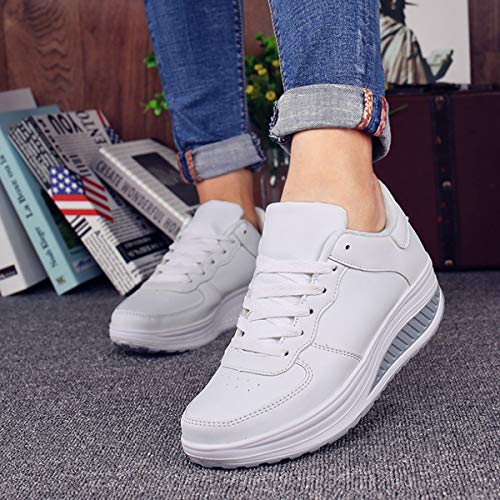 Mujer Zapatillas de Deporte Cuña Zapatos para Caminar Aptitud Plataforma Sneakers con Cordones Calzado de Tacón 4cm Blanco EU 38