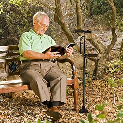 Muleta Plegable con Dos Manijas, Ligero Muleta Ajustable para Caminar con Estable Base de Cuatro Patas y LED Linterna para Adultos Ancianos Hombre y Mujer (Dos Manijas)