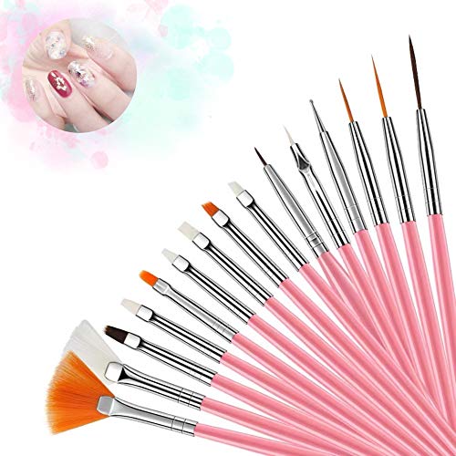 Nail Art Brush,Nail Art Pintura Dibujo línea Herramienta, 15 Pcs Decoración de Uñas Diseño, Pinceles Pintauñas UV Gel Juego de Herramientaspara Decoración de Uñas, Juego de Color Rosa