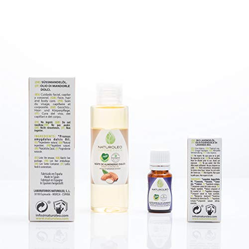 Naturoleo Cosmetics - Aceite almendras Dulces NAT + Aceite Esencial de Lavanda Bio - Pack masaje Aromaterapia 100% Puro y Ecológico Certificado - 100 ml + 10 ml