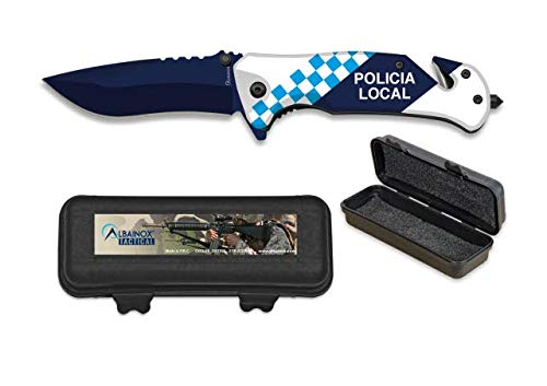 Navaja con Grabado Impreso para POLICIA Local Hoja 8,2 cm y empuñadura de Aluminio para Caza, Pesca, Camping, Outdoor, Supervivencia y Bushcraft Albainox 18565-A + Portabotellas de Regalo