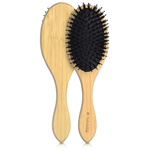 Navaris Cepillo de bambú para el pelo - Peine de madera con cerdas de jabalí para masaje capilar - Cepillo antiestático ovalado - Peine ecológico