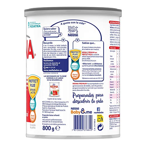 Nestlé NIDINA 3 Leche de crecimiento en polvo, formula infantil, a partir de los 12 meses - 800 gr