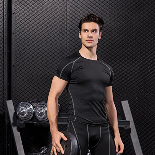 Niksa 2 Piezas Camisetas de Fitness Compresión Ropa Deportiva Manga Corta Hombre para Correr, Ejercicio,Gimnasio Negro Gris+ Azul Marino 1053(S)