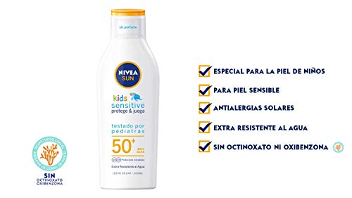 NIVEA SUN Kids Sensitive Protege & Juega Leche Solar para niños FP 50+ en pack de 6 (6 x 200 ml), protector solar infantil resistente al agua, protección solar muy alta