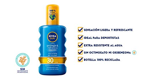 NIVEA SUN Protege & Refresca Spray Solar FP30 (1 x 200 ml), spray con protección UVA/UVB, protección solar alta invisible, refrescante y resistente al agua