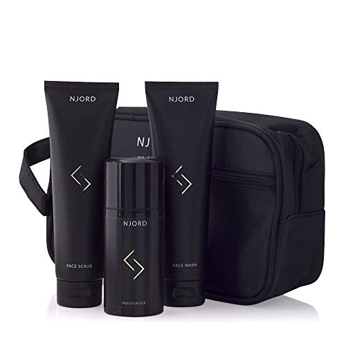 NJORD In Your Face, Kit de Cuidado Facial Hombre; Incluye Gel Facial Limpiador (150 ml), Exfoliante Facial (150 ml), Crema Hidratante Facial (100 ml) y Neceser Gratuito, 4 unidades