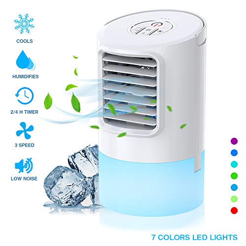 Nobebird Aire Acondicionado Portátil, Climatizador Evaporativo, 3 en 1 Mini Ventilador de Escritorio Humidificador Purificador de Aire Personal con 3 Velocidades y 7 Colores LED Luz Hogar/Oficina