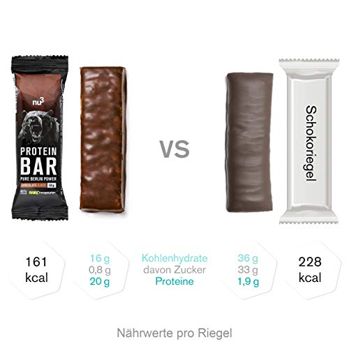 nu3 Barrita de Proteínas - 12 x 50g – Barras con proteína (20g) sabor a chocolate – Para mantener masa muscular – Mejoradas con whey protein, creatina y creapure – 3.95g de fibra y solo 160 Kcal