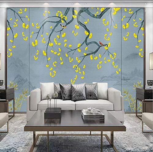 Nuevo estilo chino antiguo ginkgo hojas de sauce de bambú flores y pájaros pintura de paisaje fondo de TV papel de pared decoración de sala de estar simple revestimiento de paredes-250X160CM