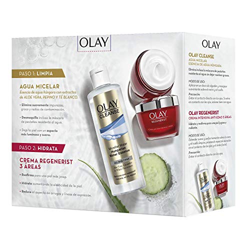 Olay Pack Regenerist 3 Áreas Crema Hidratante Día + Cleanse Agua Micelar Esencia de Agua Húngara con Extractos de Aloe Vera y Pepino