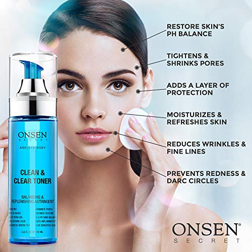 Onsen Japanese Clean & Clear Face Toner - Tónico diario para la piel Hidratante orgánico para minimizar la piel sensible y que minimiza los poros - Hecho de minerales japoneses de aguas termales - 5.6 oz / 165 ml