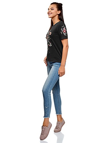 oodji Ultra Mujer Camiseta de Algodón con Bordado, Negro, ES 36 / XS