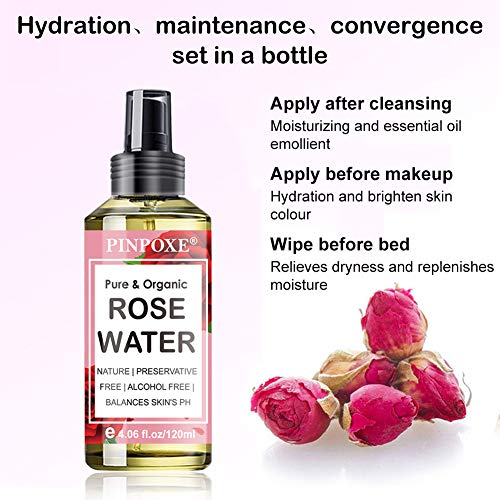 Organic Agua Floral de Rosa, Agua de Rosa Pura Tónico Facial, Tónico Facial Natural Concentrado de Agua de Rosas para Calmar el Enrojecimiento, Reafirmar y Equilibrar la Piel Grasa