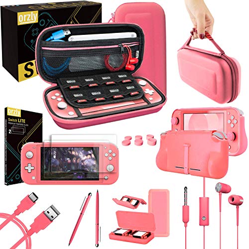 Orzly Accesorios para Nintendo Switch Lite – Pack Incluye: Protectores de Pantalla & Funda para Switch Lite Consola, Funda Comfort Grip, Cable USB, Auriculares y más. (Coral)