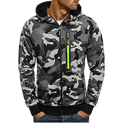 Overdose Invierno Abrigo Moda Sudadera con Capucha Hombre Camuflaje Verde Sudadera con Cremallera Manga Larga con Capucha Invierno CáLido Sudadera Tops Blusa