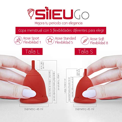 Pack Sileu Go: Copa menstrual Rose - Modelo de iniciación - Alternativa ecológica, natural a tampones y compresas - Talla L, Transparente, Flexibilidad Standard + Estuche de Flor Transparente