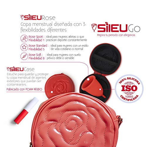 Pack Sileu Go: Copa menstrual Rose - Modelo de iniciación - Alternativa ecológica, natural a tampones y compresas - Talla L, Transparente, Flexibilidad Standard + Estuche de Flor Transparente