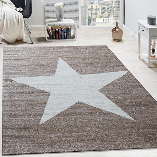 Paco Home Alfombra De Diseño con Estampado Moderno De Estrella De Velour Corto Mezclada En Marrón Y Beige, tamaño:80x150 cm