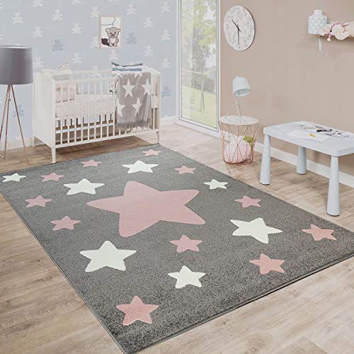 Paco Home Alfombra Habitación Infantil Estrellas Grandes Y Pequeñas En Gris Y Rosa, tamaño:80x150 cm