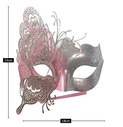 Party Mask - Máscara veneciana para mujer, diseño misterioso de mariposa brillante, para fiesta de máscaras, Halloween y Mardi Gras, metal, Rosa, Large