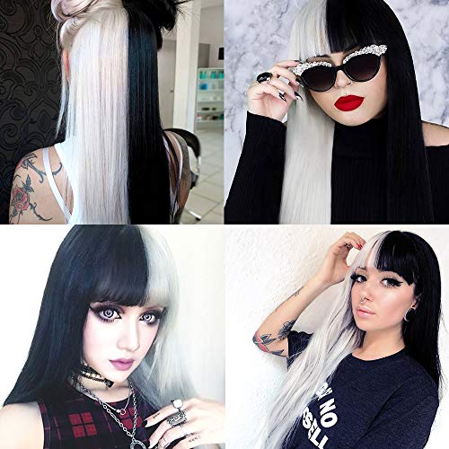 Peluca de pelo largo y liso sedosa recta en parte media de fibra sintética peluca de fiesta de Halloween, cosplay para mujeres y niñas con flequillo natural (mitad blanca/mitad negra,22 pulgadas)