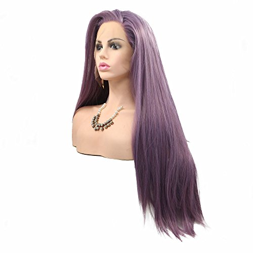 Peluca de pelo natural con parte lateral, color morado oscuro/lila/lavanda, pelo largo de vacaciones, peluca lisa y sedosa, media hecha a mano, alta temperatura, arrastre Queen 61 cm