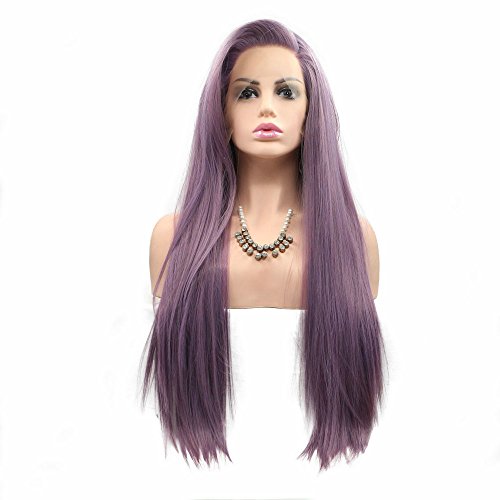 Peluca de pelo natural con parte lateral, color morado oscuro/lila/lavanda, pelo largo de vacaciones, peluca lisa y sedosa, media hecha a mano, alta temperatura, arrastre Queen 61 cm