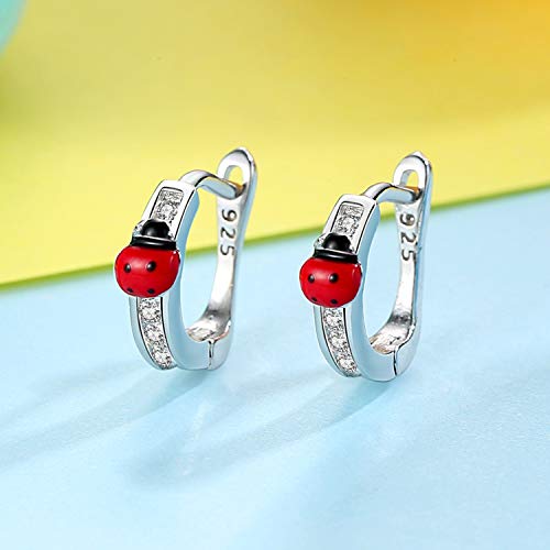 Pendientes de tuerca de plata de ley 925 con esmalte rojo y cristal para joyas, diseño de mariquita y mariquita