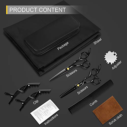 Peradix Tijeras de peluquería, con capa de barbero y peine de maquinilla de afeitar, 8Pcs Tijeras de Corte de Cabello Profesional Set Tijeras de Peluquería Tijeras Peine Clips Kitclips negro