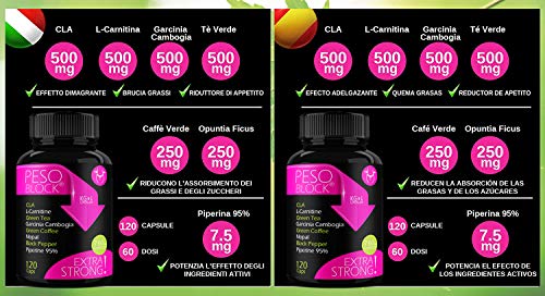 Peso Block 120 Cáps | Acción quemagrasas adelgazante potente | Mejor pastilla para perder peso y adelgazar rápido | Garcinia cambogia, L-Carnitina, CLA, Té verde + Opuntia Ficus, Café verde, Piperina