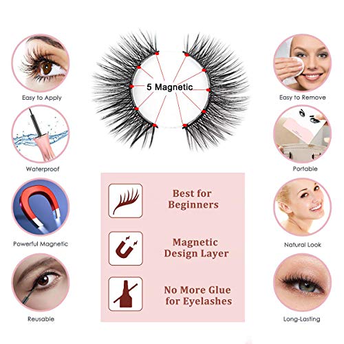 Pestañas Magneticas Delineador, 3 Pares Vibury 3D Pestañas Postizas Naturales Magnéticas Reutilizables, Delineador de ojos magnético con pestañas magnéticas, No se Necesita Pegamento