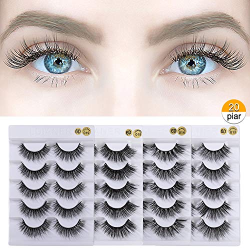 Pestañas Postizas de Pelo Artificial 3D/6D Mixtas 20 Pares Multipack, Tiras Completas, Natural Pestañas Falsa Largas Gruesas Maquillaje de Ojos para Fiesta de Boda, 4 Estilos