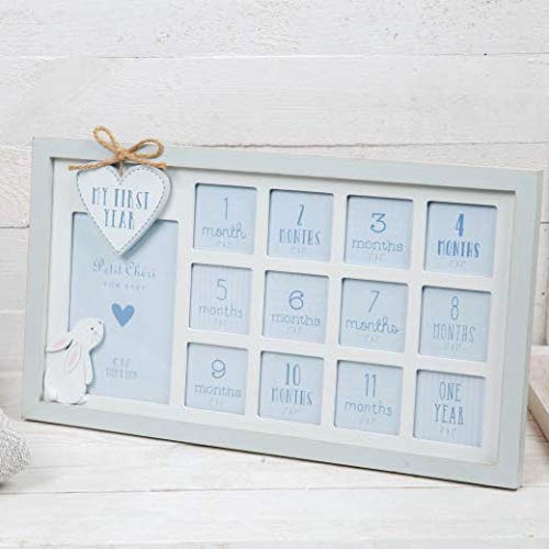 Petit Cheri Shabby Chic - Marco de fotos para bebé, diseño con texto"Baby My First Year", color azul y blanco