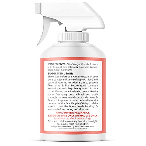 Pets Purest 100% natural de la pulga spray para los perros (500 ml) de pulgas ácaros y piojos Tick spray para perros, gatos y mascotas. Deje de su mascota El prurito y el rascado. Fórmula Cruelty Free