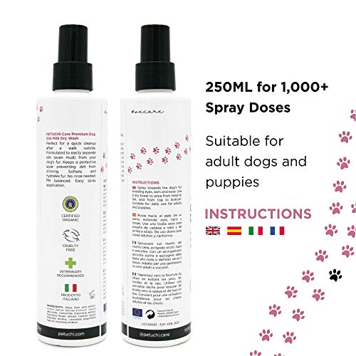 PETUCHI Champú Seco para Perros; Spray Bio con Aloe Vera y Leche de Avena; Aroma a Talco Fresco; No Necesita Aclarado; 250ml