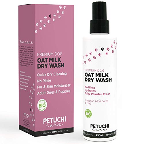 PETUCHI Champú Seco para Perros; Spray Bio con Aloe Vera y Leche de Avena; Aroma a Talco Fresco; No Necesita Aclarado; 250ml