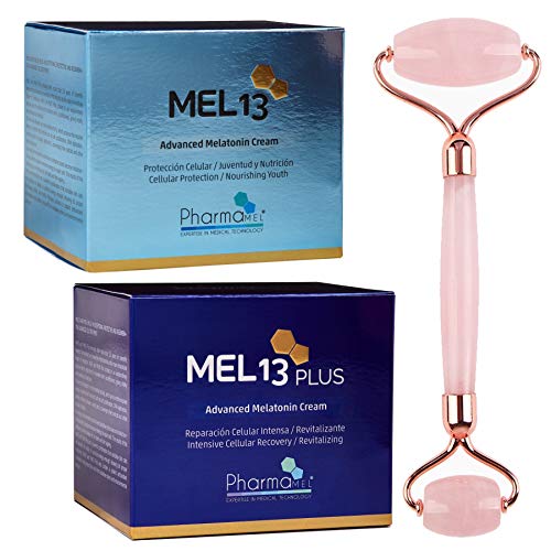 Pharmamel MEL13 y MEL 13 Plus Crema Facial con Melatonina y Q10, Protección Celular, Juventud – Nutrición - 50 ml y Rodillo de Masajeador Facial Antiedad Antienvejecimiento