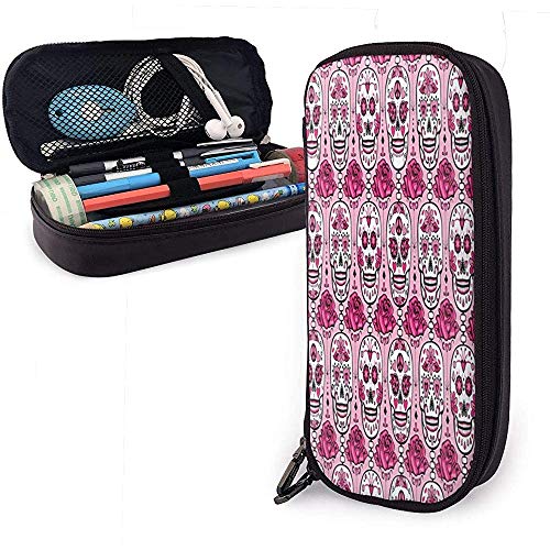 Pink Sugar Skull Art Estuche de cuero para lápices Bolso cosmético de gran capacidad Bolso para bolígrafo