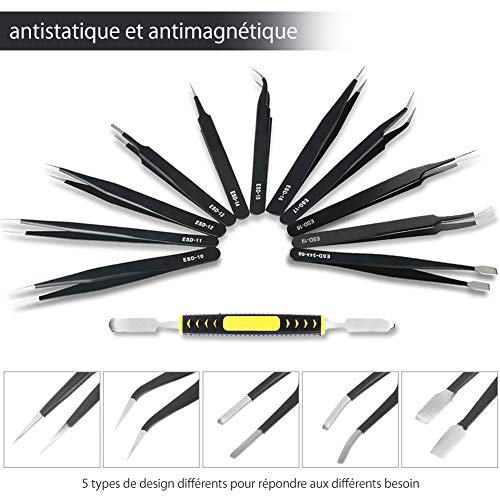 Pinzas de Precisión Kit 12pcs Kieenass Anti-Estáticas de Acero Inoxidable Pinzas Electronica para Electrónica Joyería Trabajo de Laboratorio Maintenance Tools Ceja y Pelo