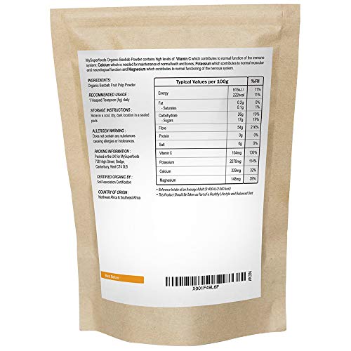 Polvo Orgánico Baobab (500 gramos), MySuperFoods, Repleto de Vitamina C, Calcio, Magnesio, Potasio, Certificado como orgánico por el Soil Association